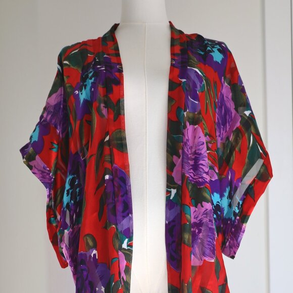 Vintage Lucie Ann II Satin Red Floral Robe - Picture 2 of 6